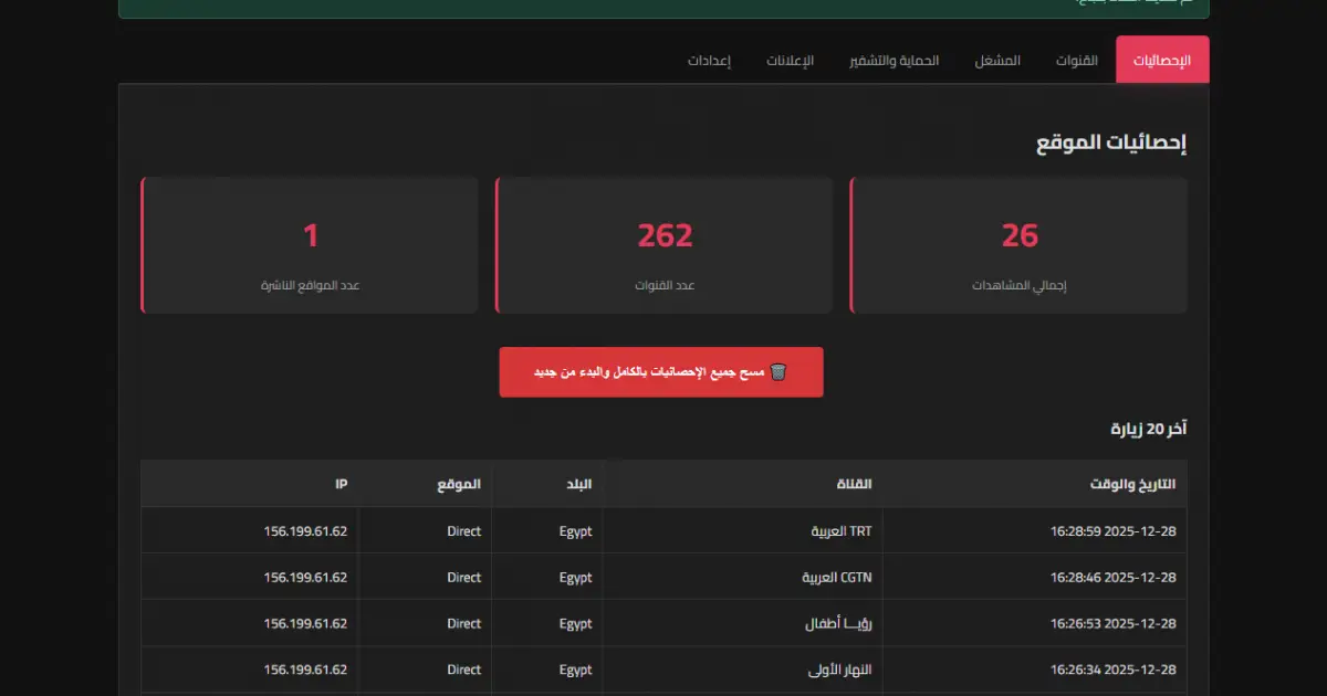 تاب الإحصائيات في سكربت elzemPlayer | لوحة التحكم الشاملة لمشاهدة الإحصائيات